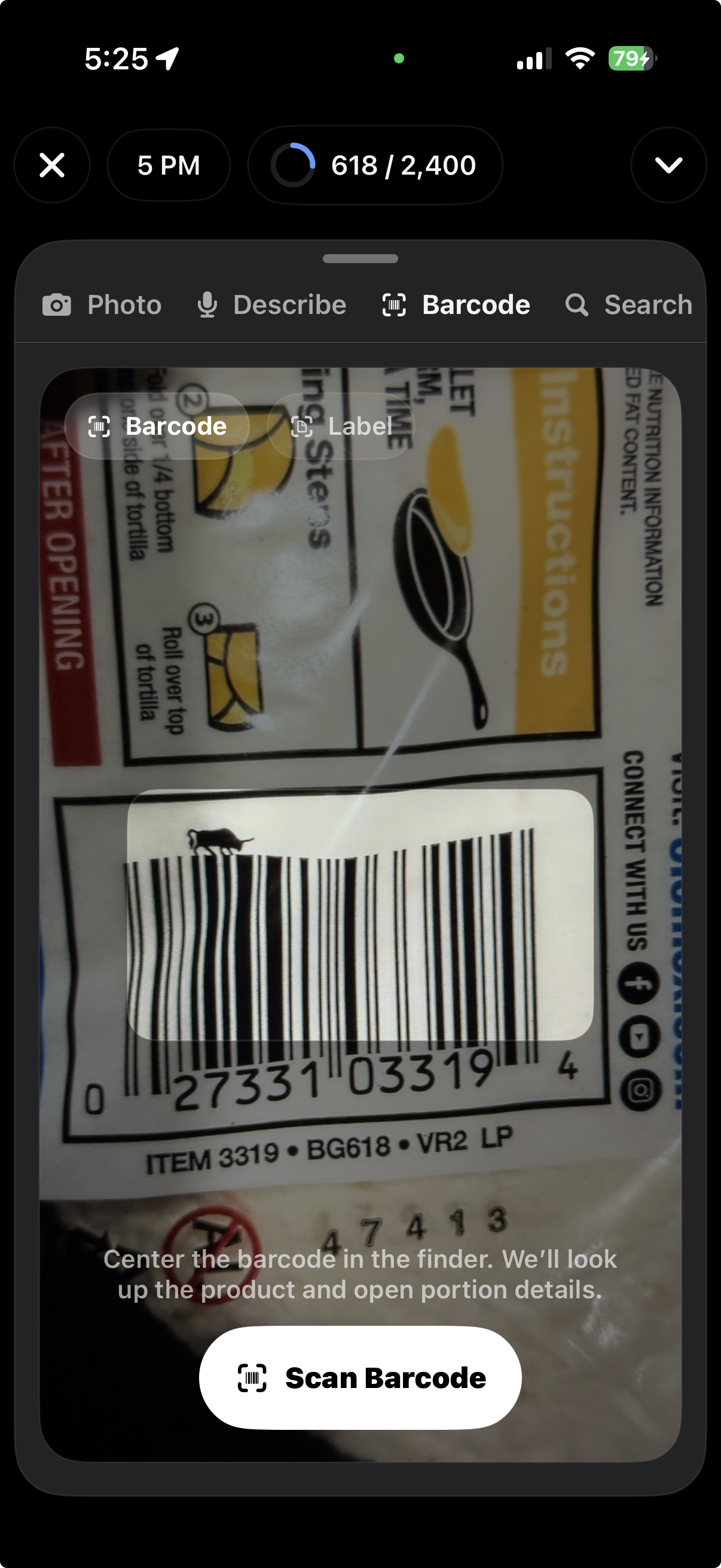 ForkYa! barcode scanning screen