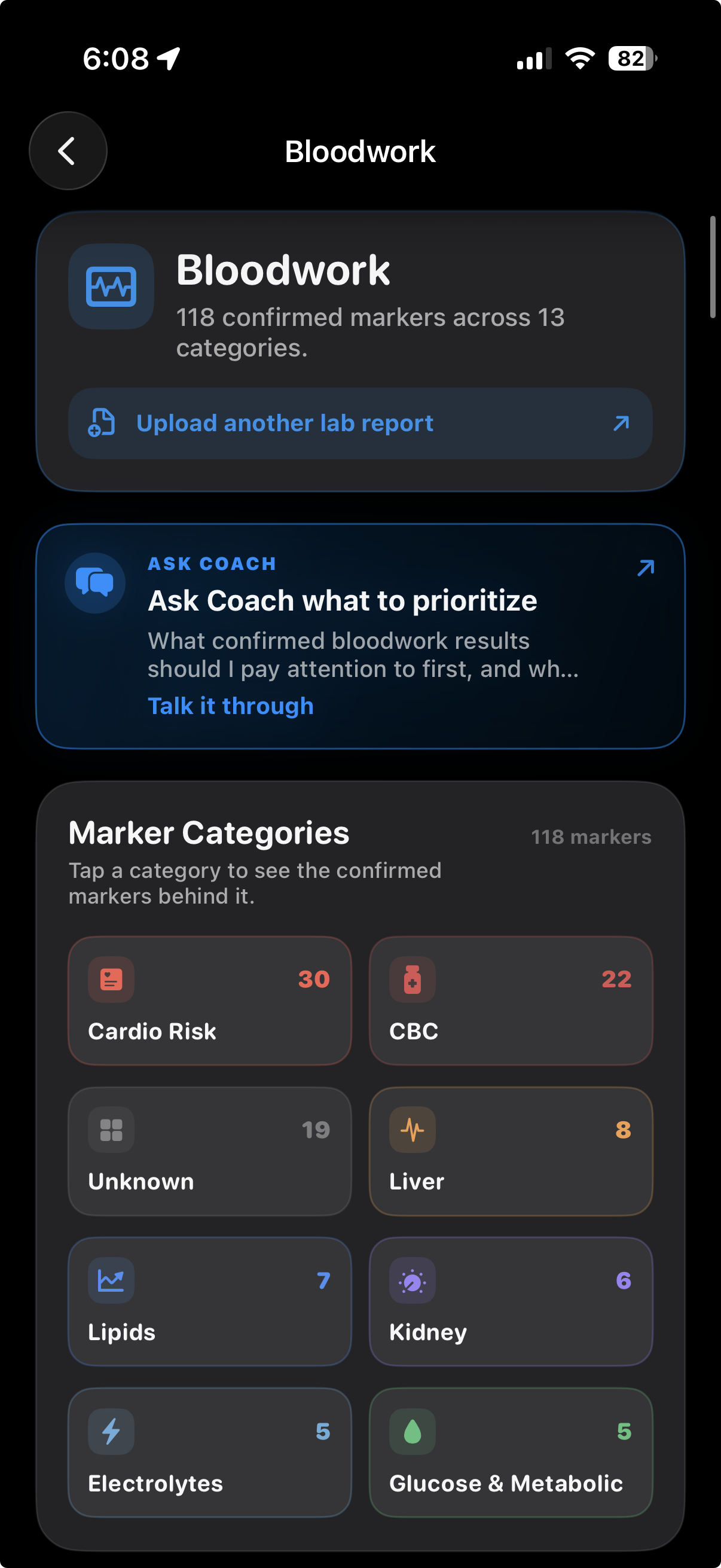 ForkYa! bloodwork overview with marker categories and Coach prompt