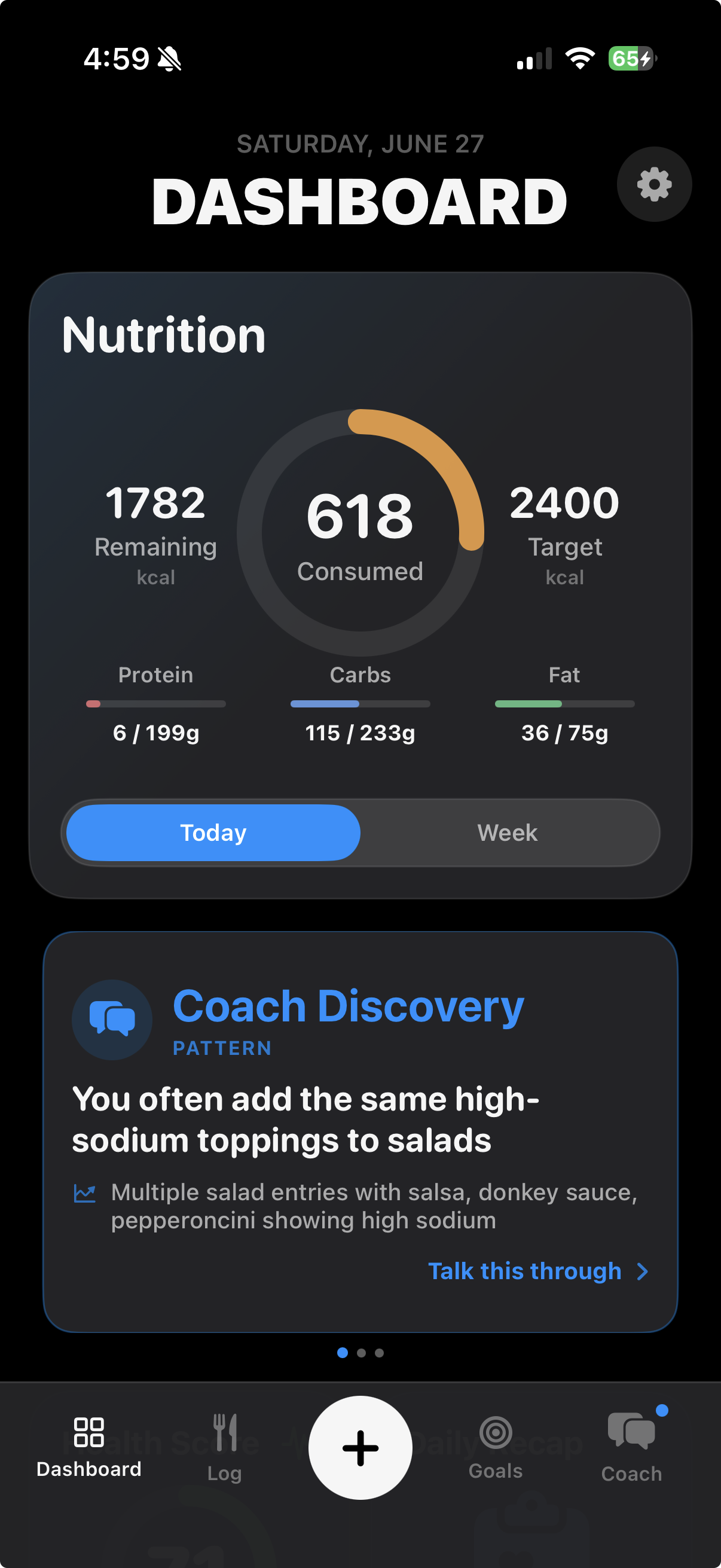 ForkYa! dashboard showing calories, macros, and coach discovery
