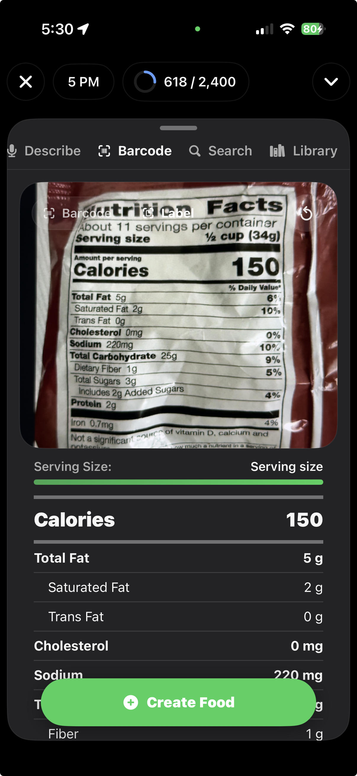 ForkYa! nutrition label scanning screen